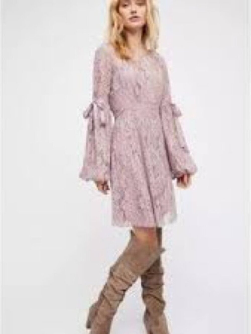 Free People - Ruby Sheer Lavender Lace Above The Knee Tie Sleeves Mini Dress XS
